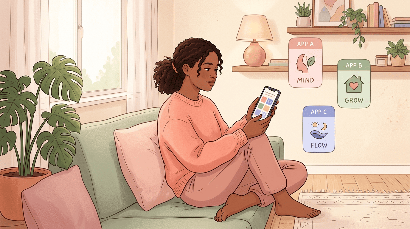 A person weighing several AI mental-health apps on her phone at home