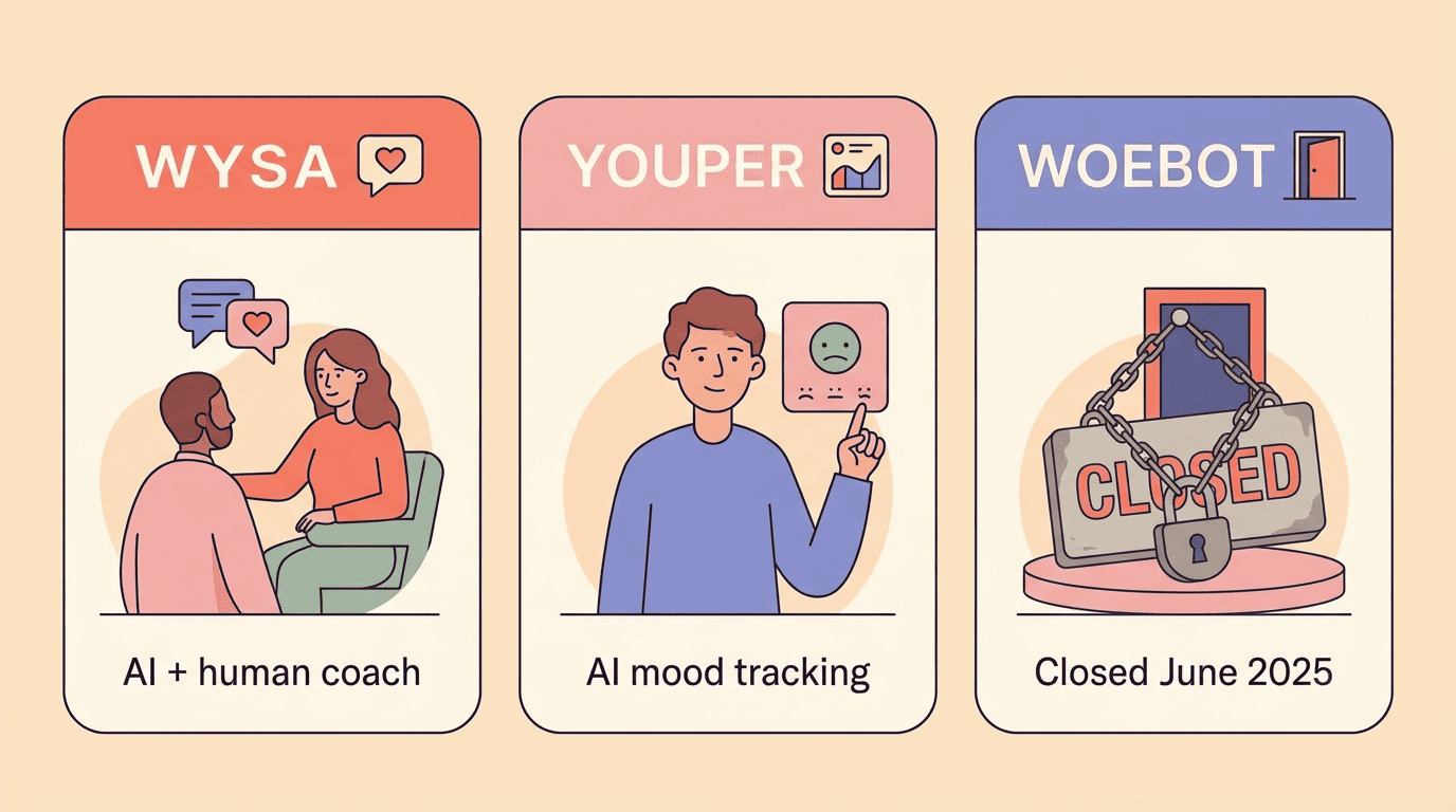 Three-column comparison of Wysa, Youper, and Woebot