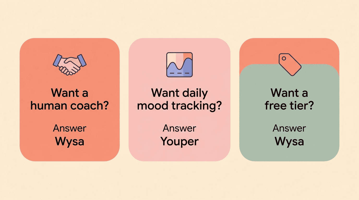 Decision checklist: human coach means Wysa, mood tracking means Youper, free tier means Wysa