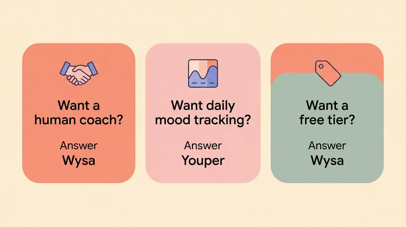Beslutningscheckliste: menneskelig coach betyder Wysa, stemningssporing betyder Youper, gratis niveau betyder Wysa