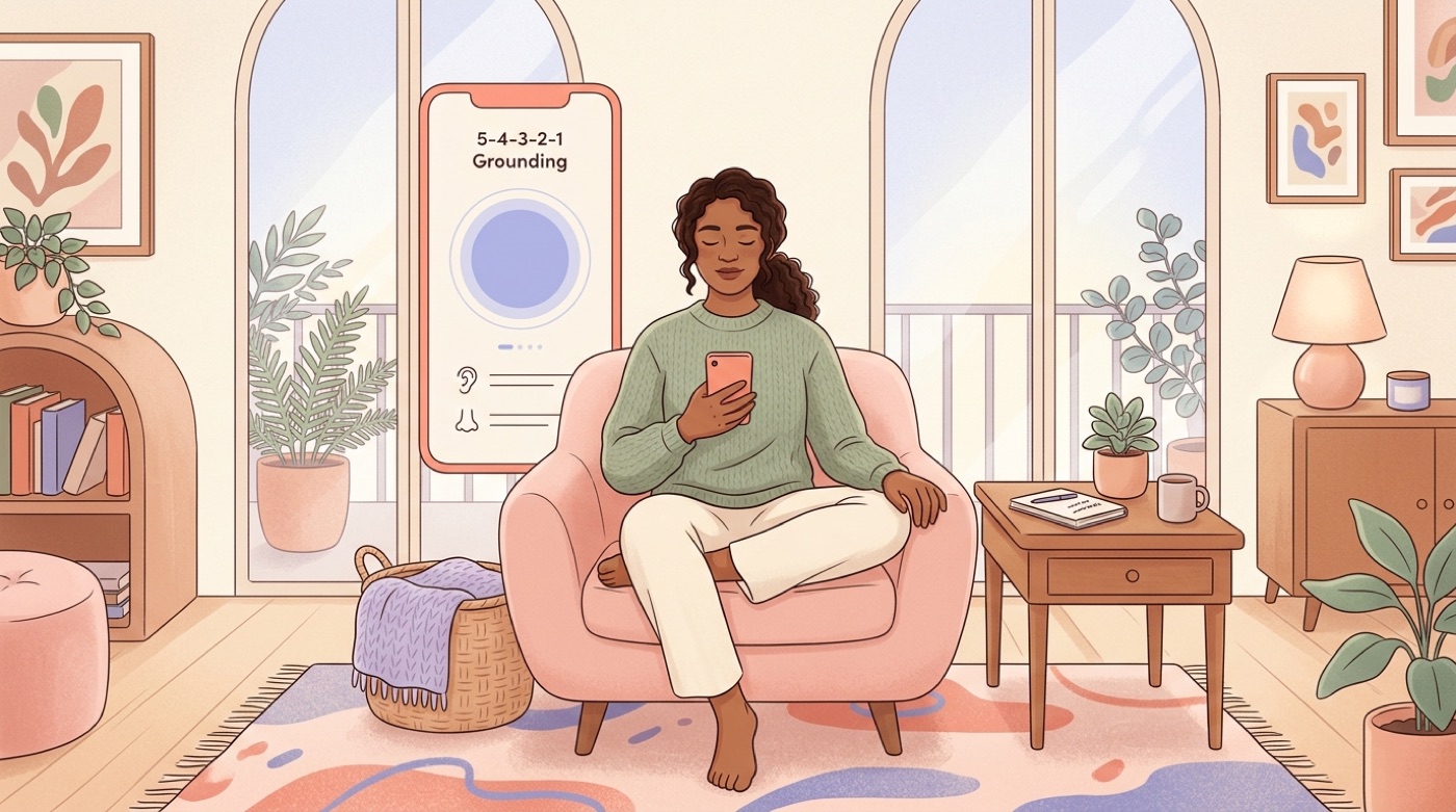 A person practicing a guided grounding and breathing exercise with warm on-screen support