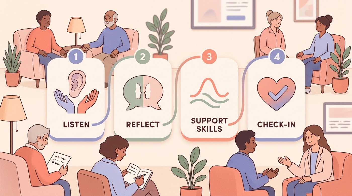 A simple four-step flow: listen, reflect, offer a coping technique, check in