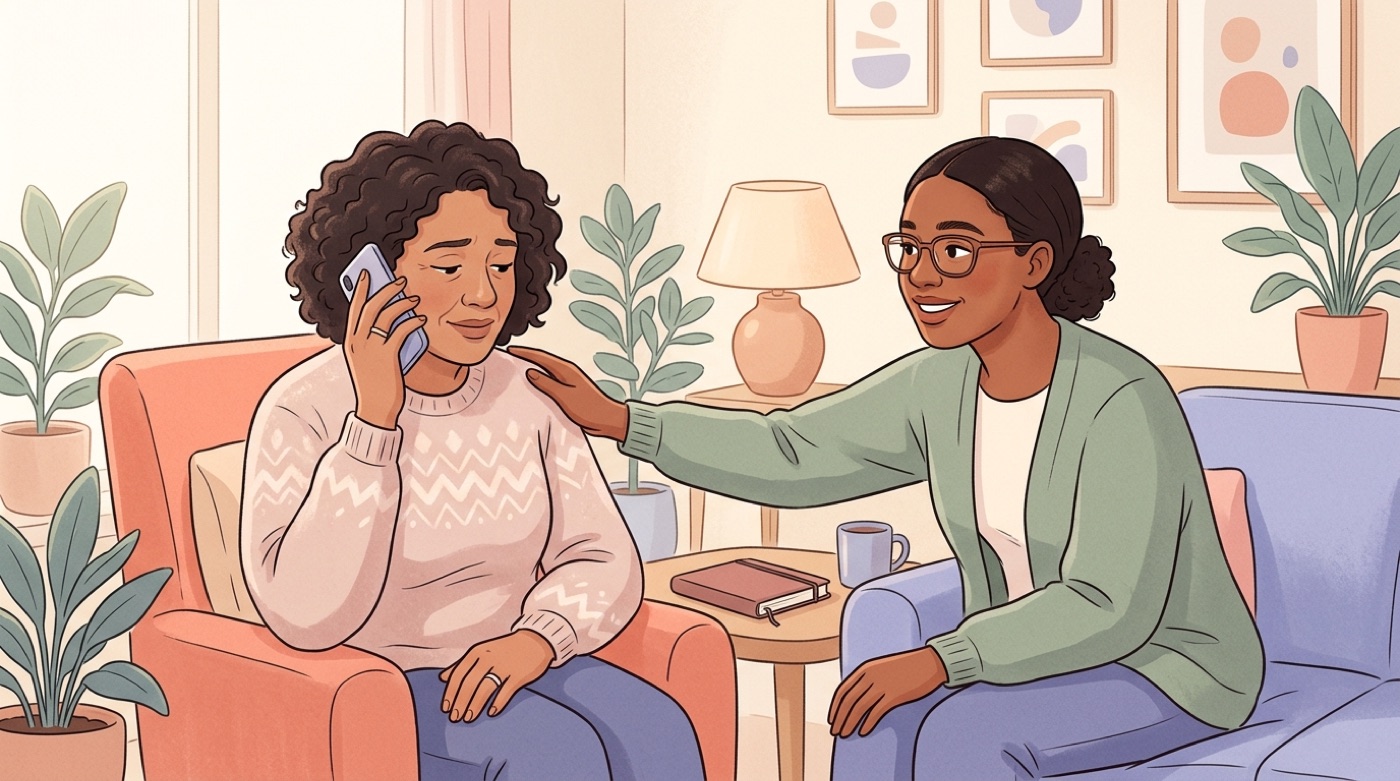 A caring, reassuring scene about reaching out for real human help in a crisis