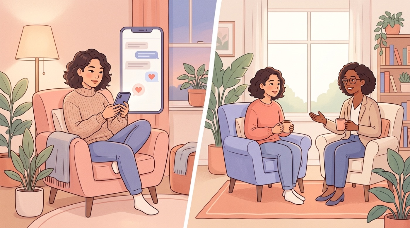 A side-by-side of always-on AI chat support and an in-person human psychology session