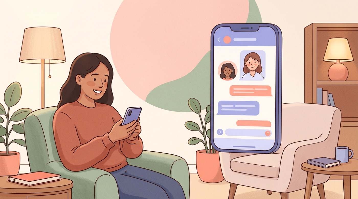 An AI psychologist warmly supporting a person through a calm supportive chat in a cozy room