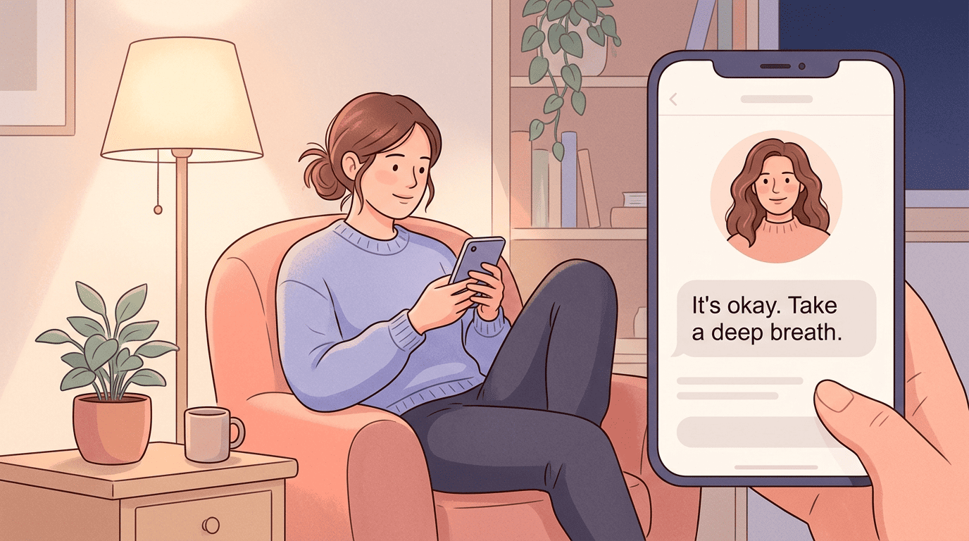 A woman relaxing in an armchair at night using a supportive AI psychologist chat on her phone
