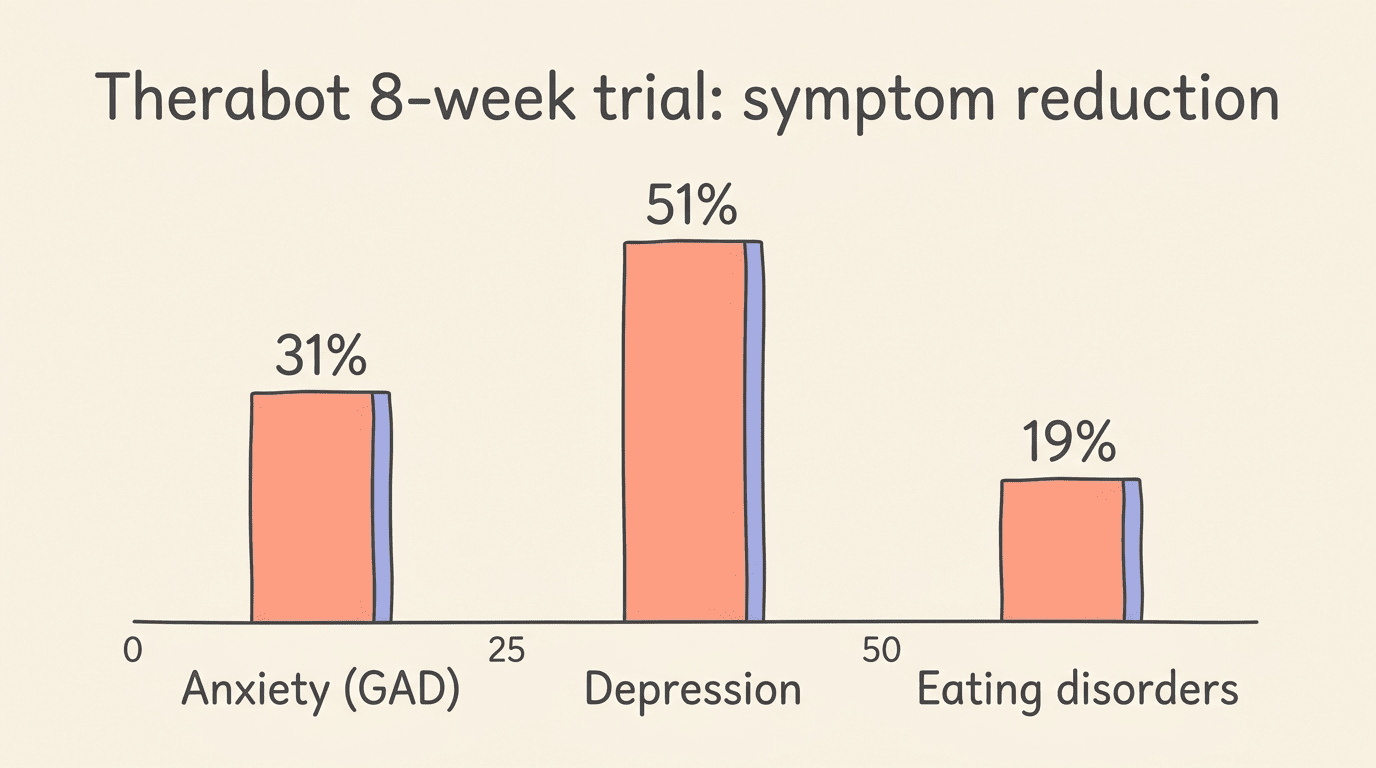 Bar chart of Therabot 8-week trial symptom reductions: anxiety 31 percent, depression 51 percent, eating disorders 19 percent