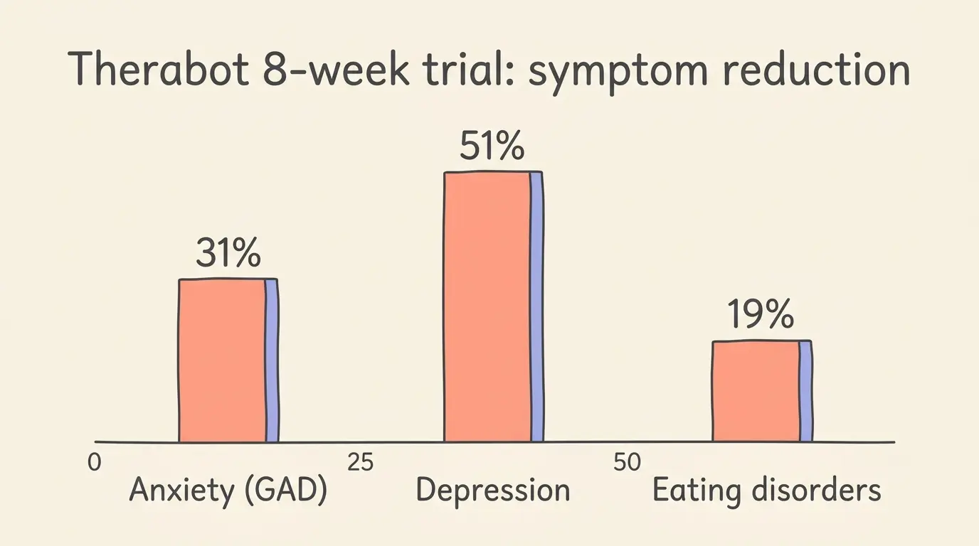 Balkendiagramm der Symptomreduktionen in der 8-wöchigen Therabot-Studie: Angst 31 Prozent, Depression 51 Prozent, Essstörungen 19 Prozent