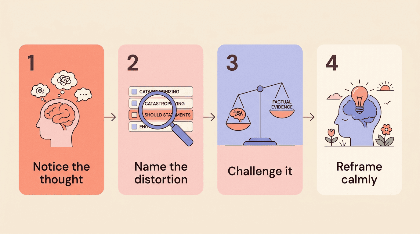 Four-step diagram of how an AI psychologist guides a CBT thought reframe