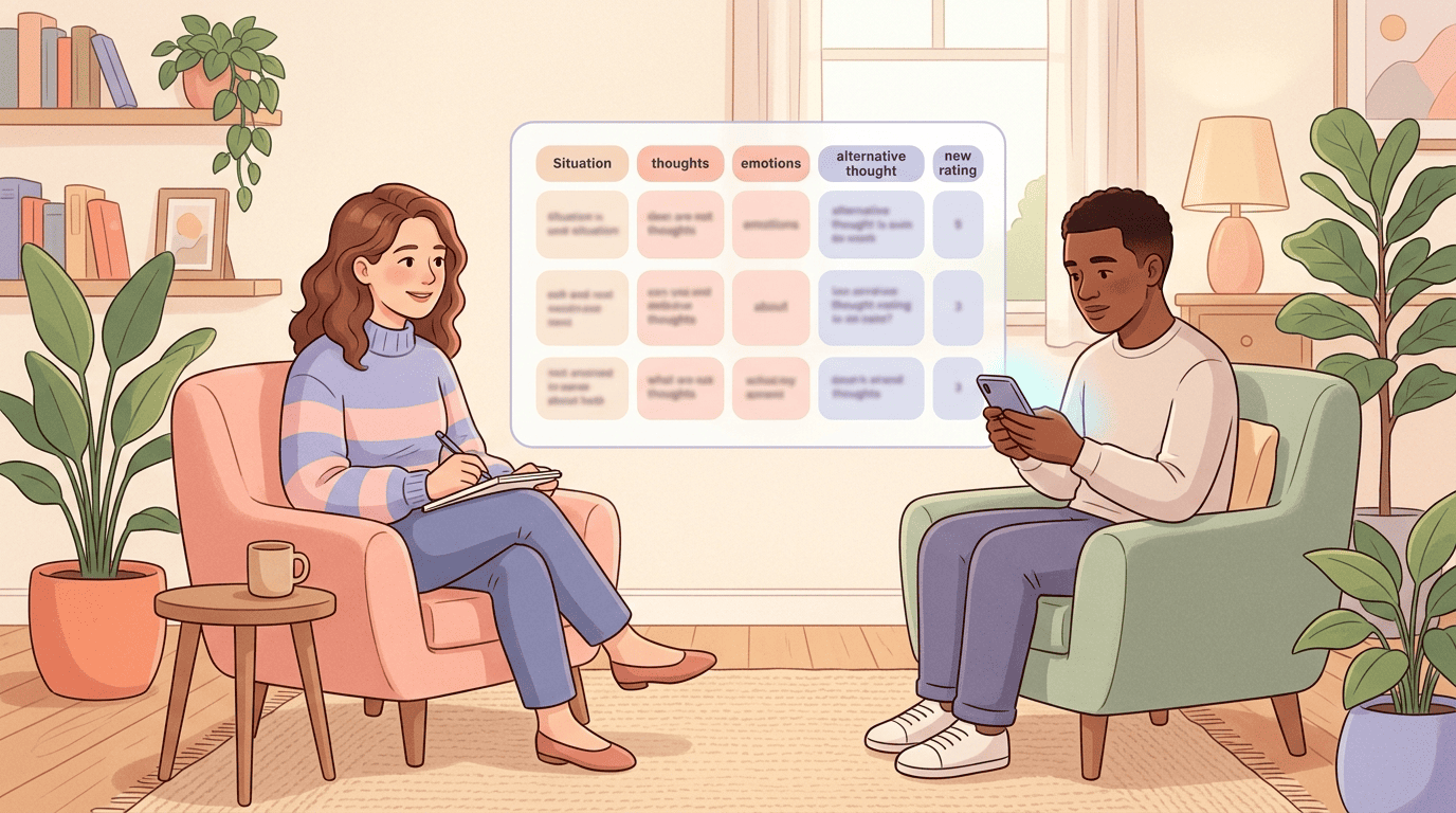 An AI psychologist calmly guiding a person through a CBT thought record in a warm, reassuring setting