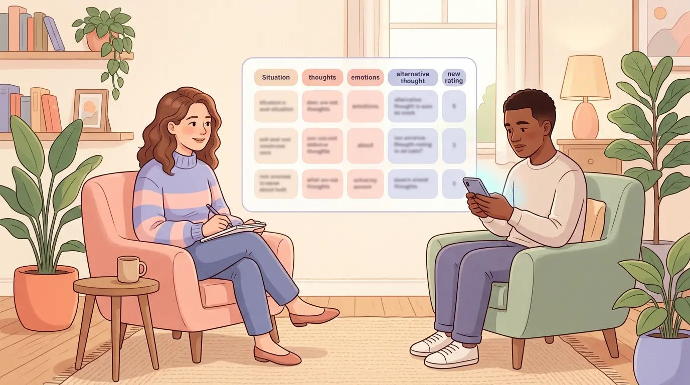 An AI psychologist calmly guiding a person through a CBT thought record in a warm, reassuring setting