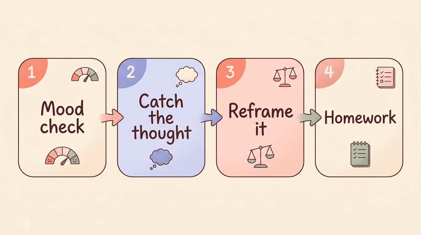 The four-step CBT session an AI psychologist runs: mood check, catch the thought, reframe it, homework