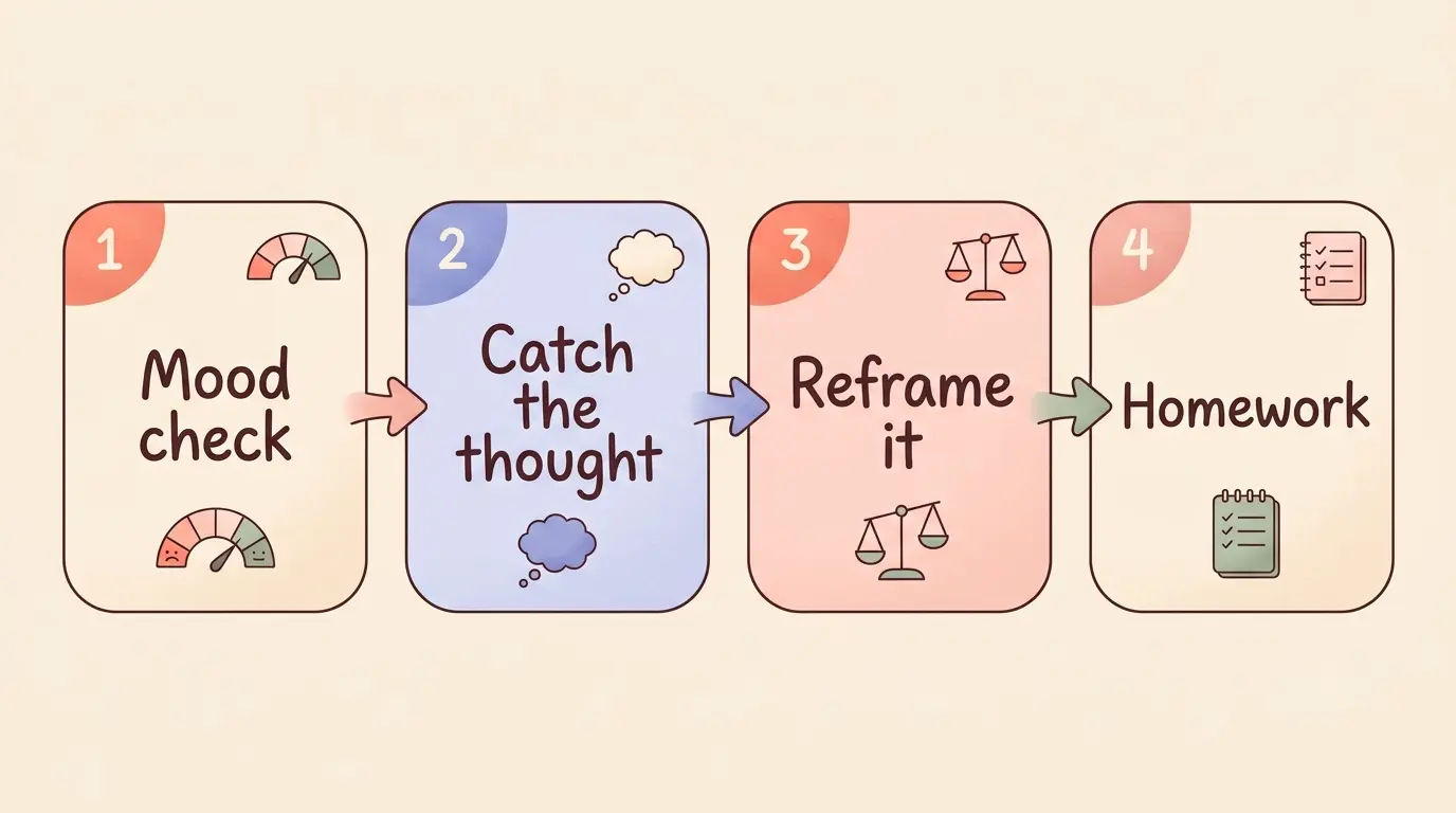 The four-step CBT session an AI psychologist runs: mood check, catch the thought, reframe it, homework