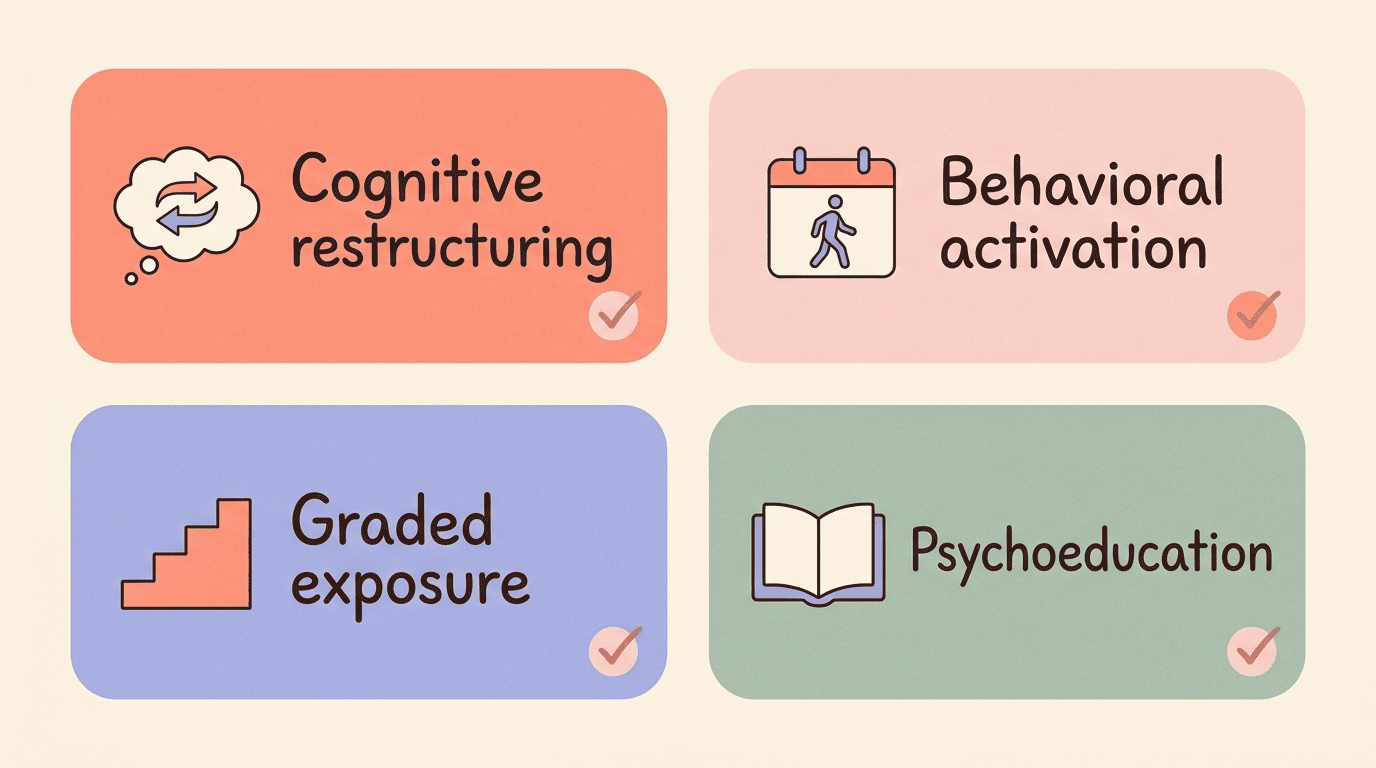Four core CBT techniques an AI psychologist delivers: cognitive restructuring, behavioral activation, graded exposure, psychoeducation