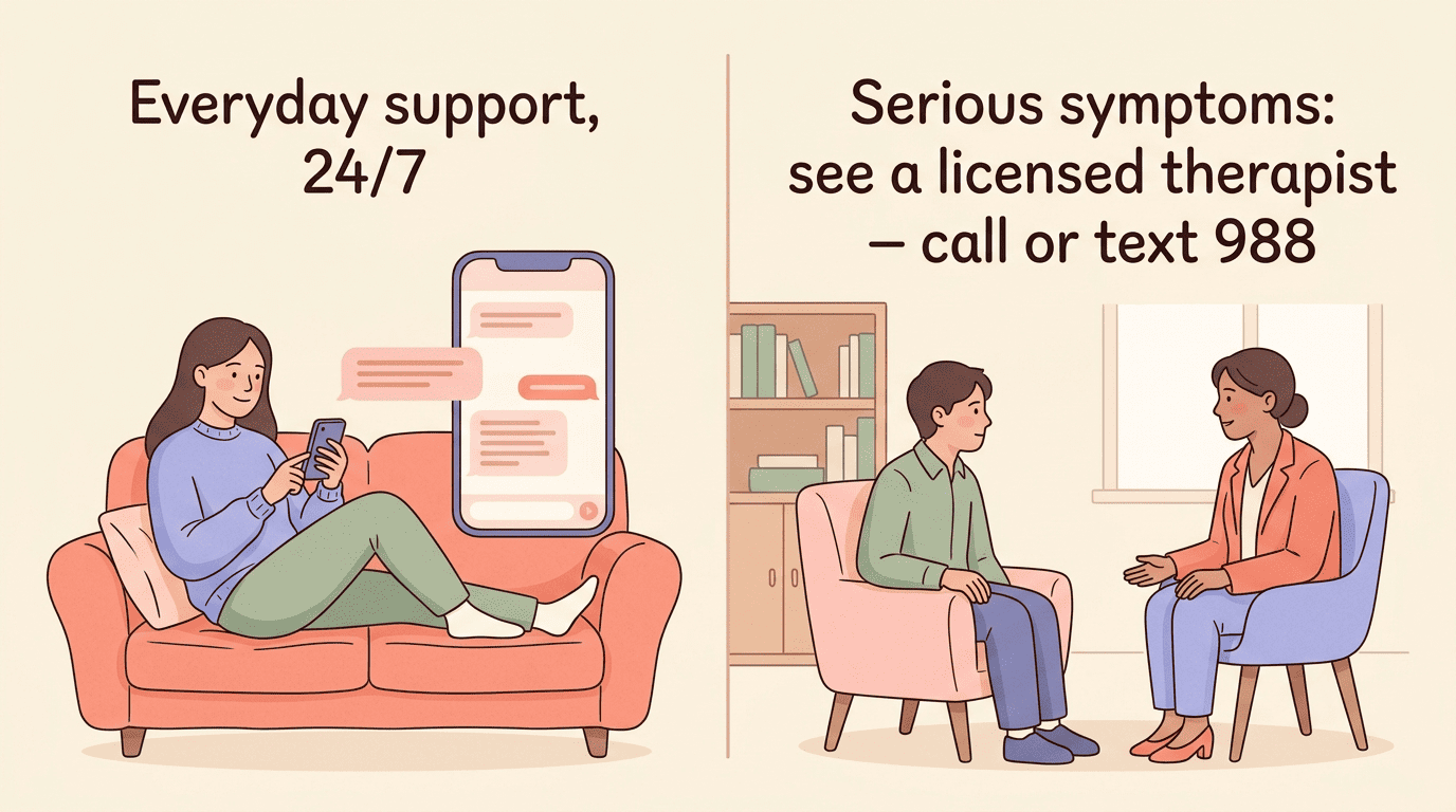 When an AI psychologist helps versus when to see a licensed therapist and call 988