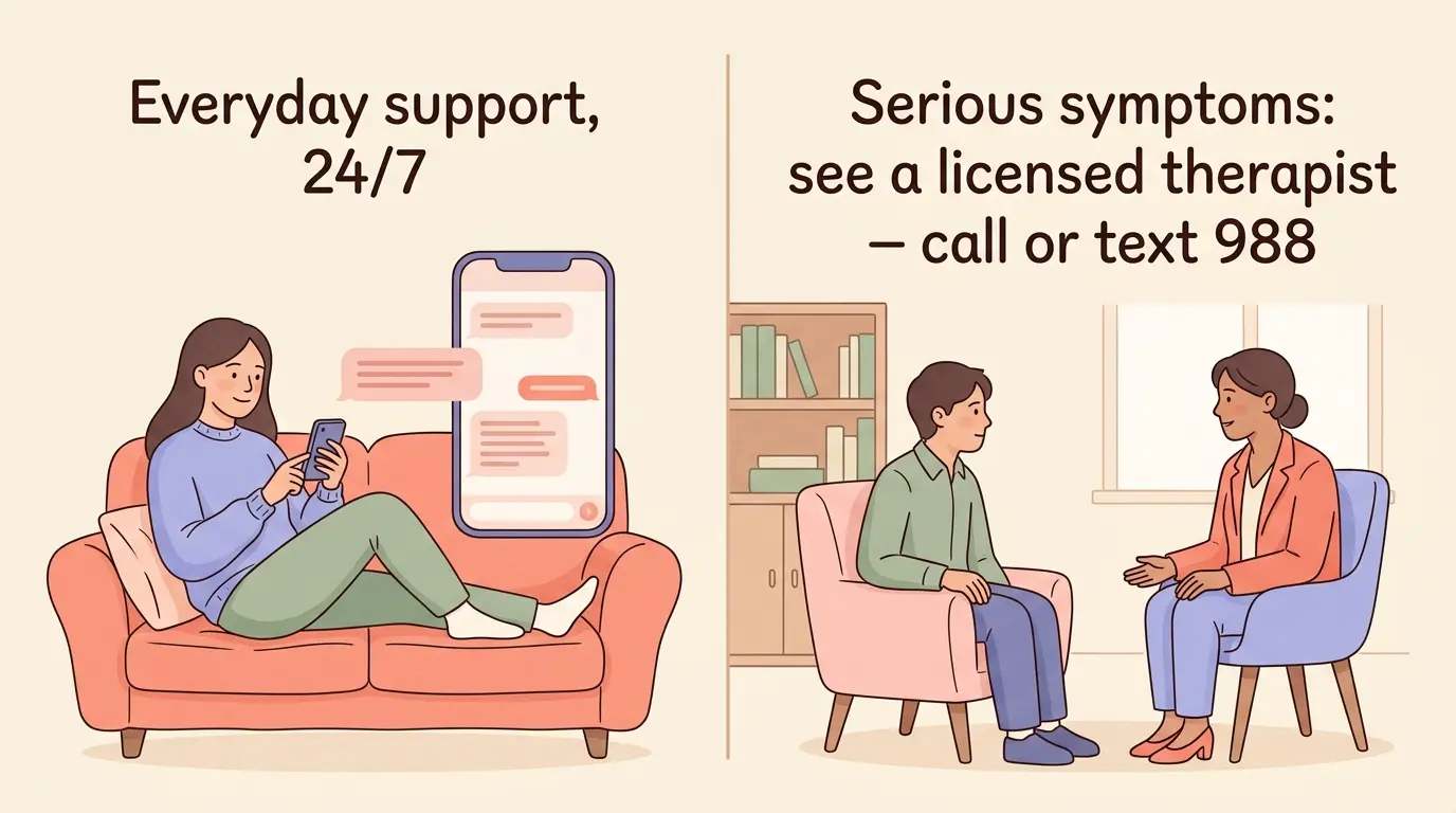 When an AI psychologist helps versus when to see a licensed therapist and call 988