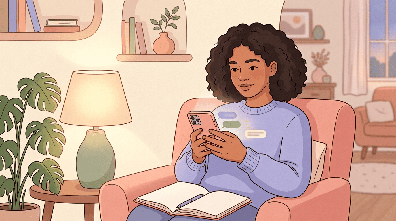 A woman calmly using a mental-health chat app on her phone with a journal in her lap at home in the evening