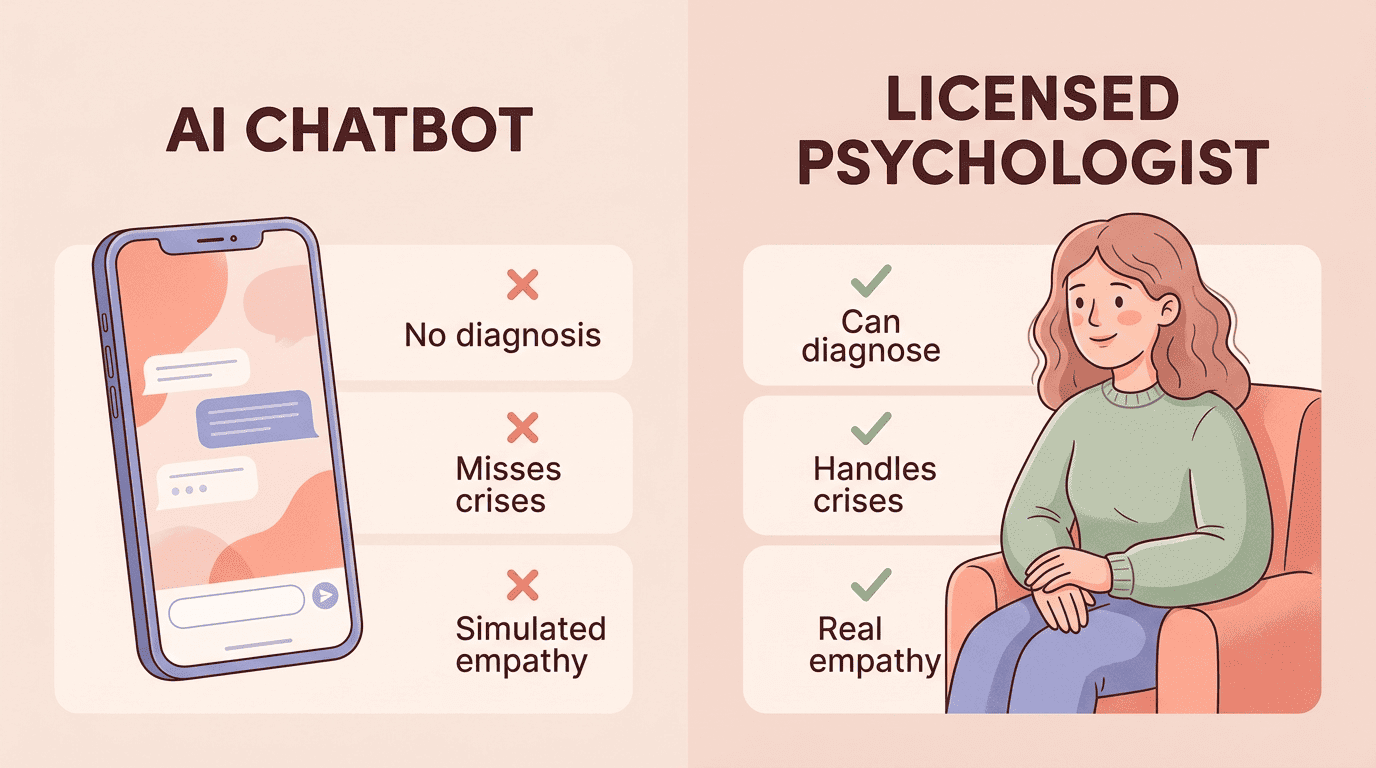 Side-by-side comparison of an AI chatbot versus a licensed psychologist across diagnosis, crisis handling, and empathy