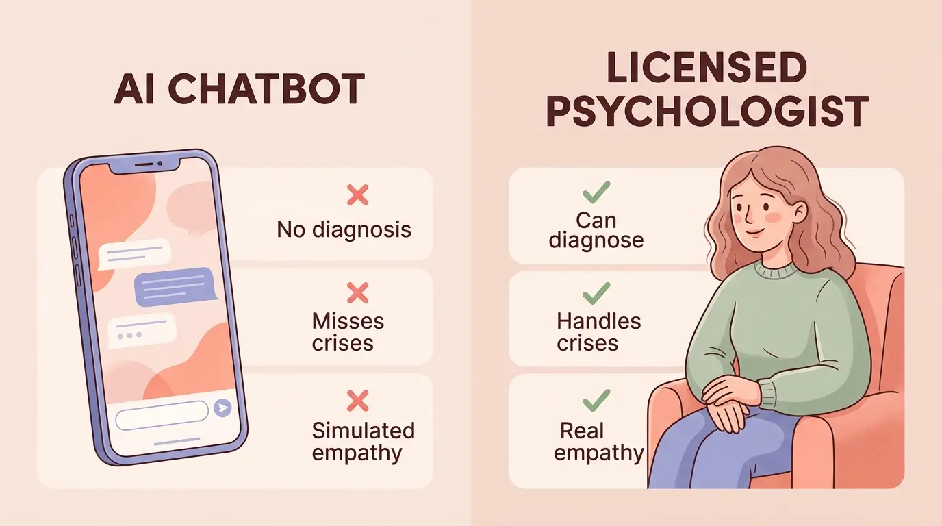 Side-by-side comparison of an AI chatbot versus a licensed psychologist across diagnosis, crisis handling, and empathy