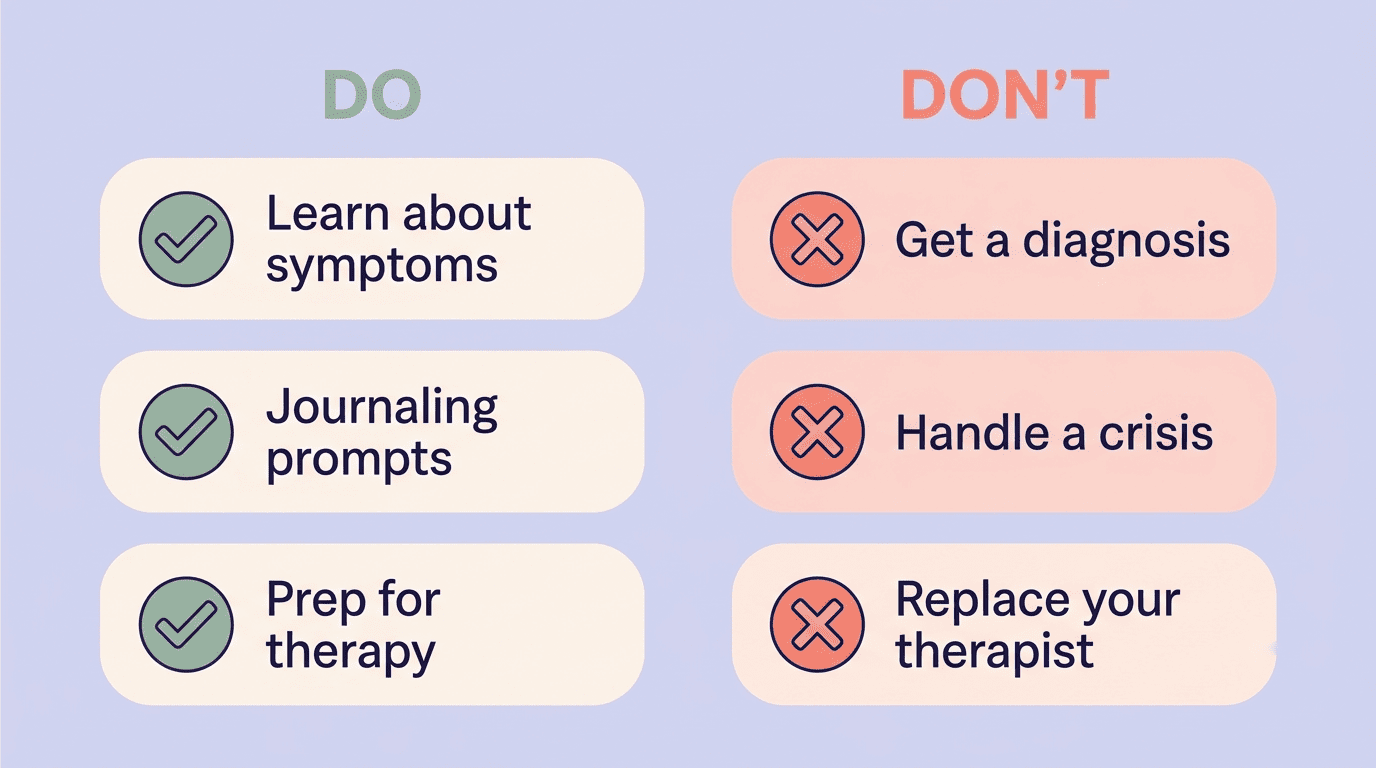 DO and DON'T checklist for using ChatGPT for mental health safely