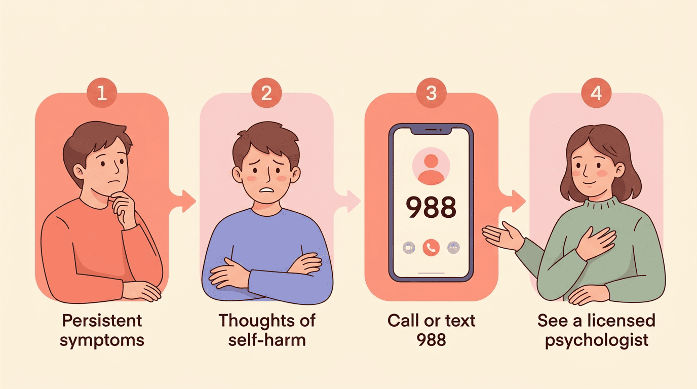 Four-step flow: persistent symptoms, thoughts of self-harm, call or text 988, see a licensed psychologist