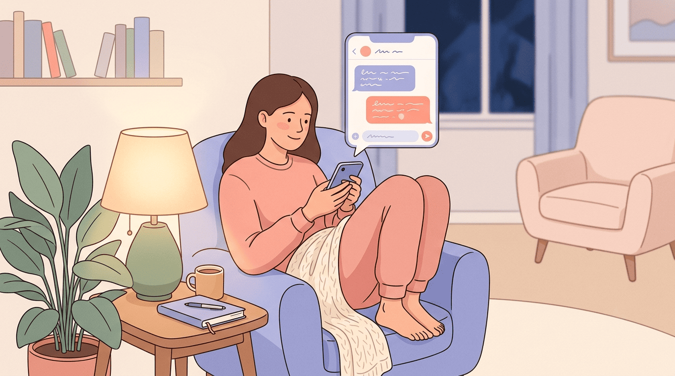 A person relaxing at home at night, chatting with a free AI psychologist on her phone