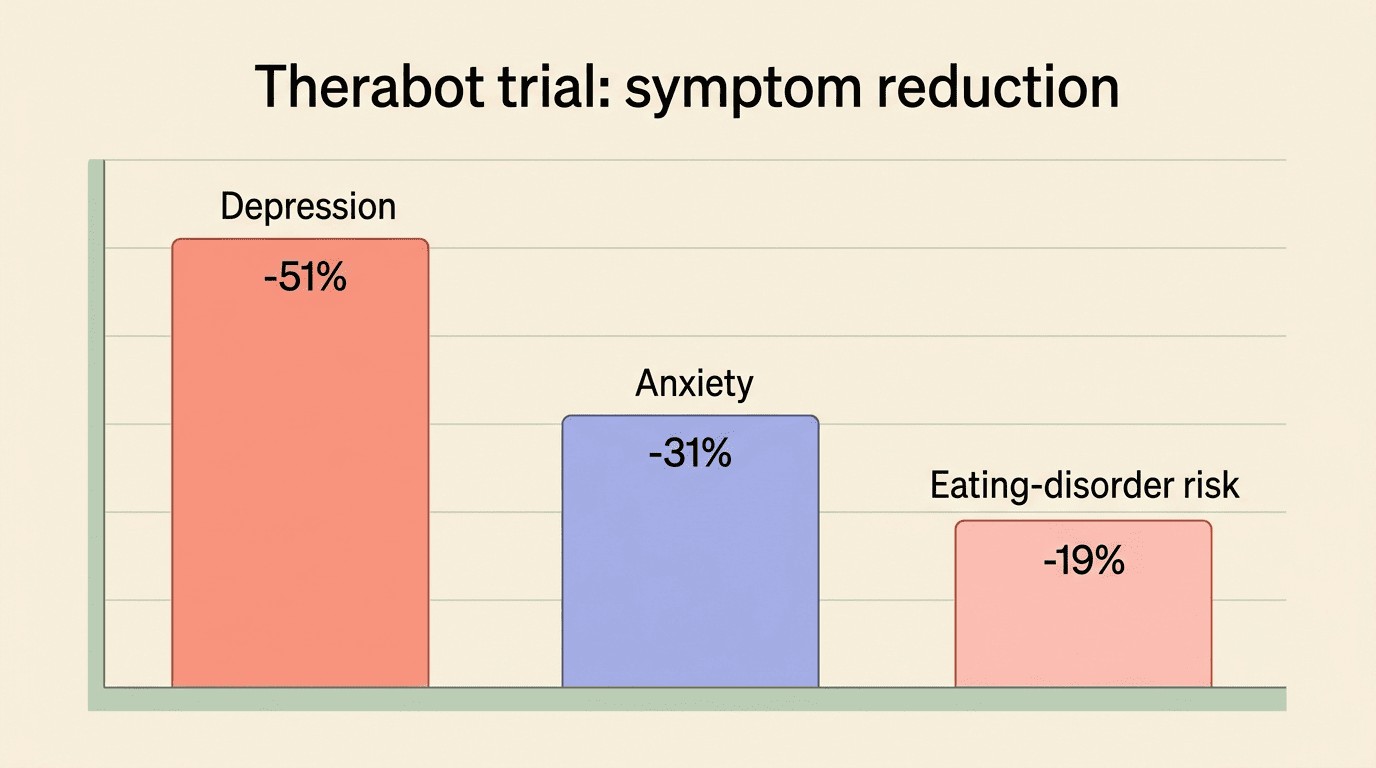 Bar chart of symptom reduction in the 2025 Therabot randomized controlled trial