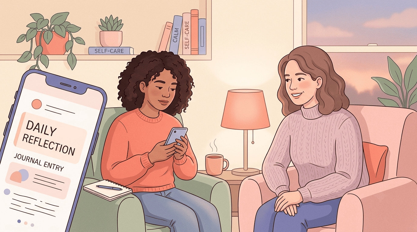 A person journaling on a mental-health app while a psychologist sits beside them