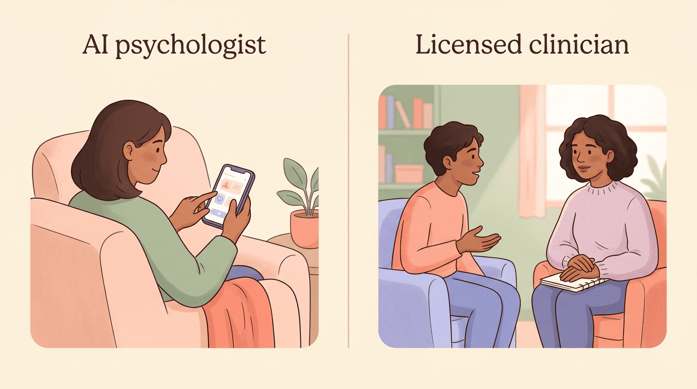 Split comparison: a person using an AI app versus a face-to-face session with a licensed clinician
