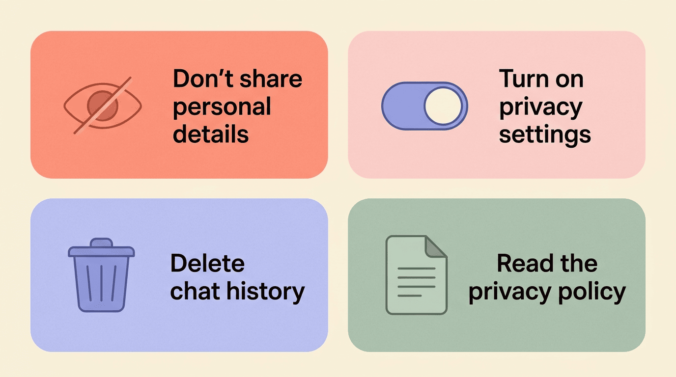 Checklist of privacy steps: don't share personal details, turn on privacy settings, delete chat history, read the privacy policy