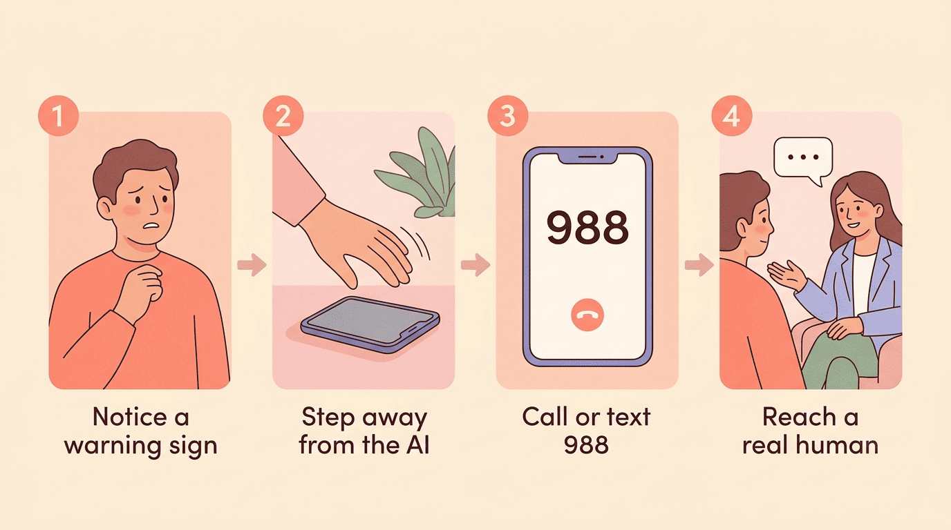 Four-step crisis flow: notice a warning sign, step away from the AI, call or text 988, reach a real human
