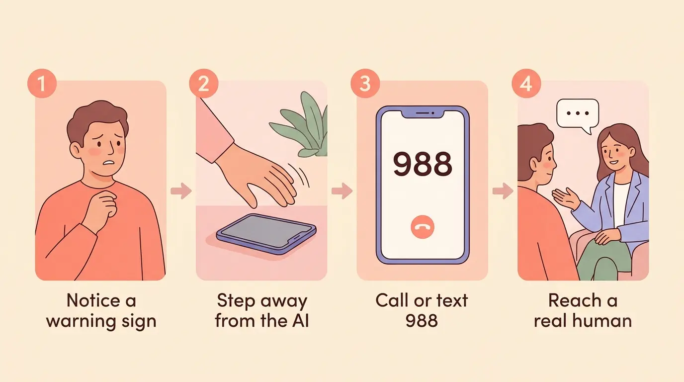 Firetrinskriseflow: bemærk et advarselstegn, træk dig fra AI'en, ring eller send sms til 988, nå en rigtig menneskelig person