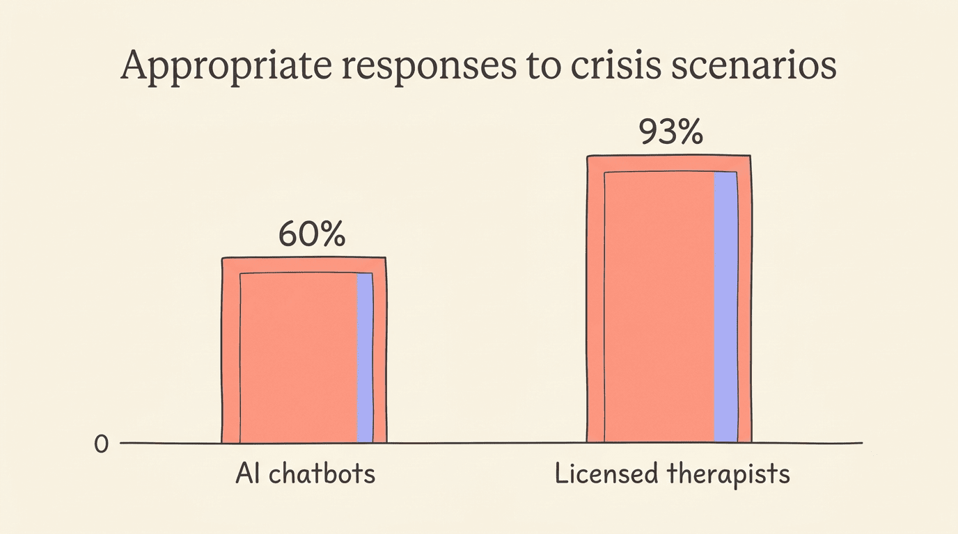 Bar chart: AI chatbots respond appropriately to crisis scenarios 60% of the time versus 93% for licensed therapists