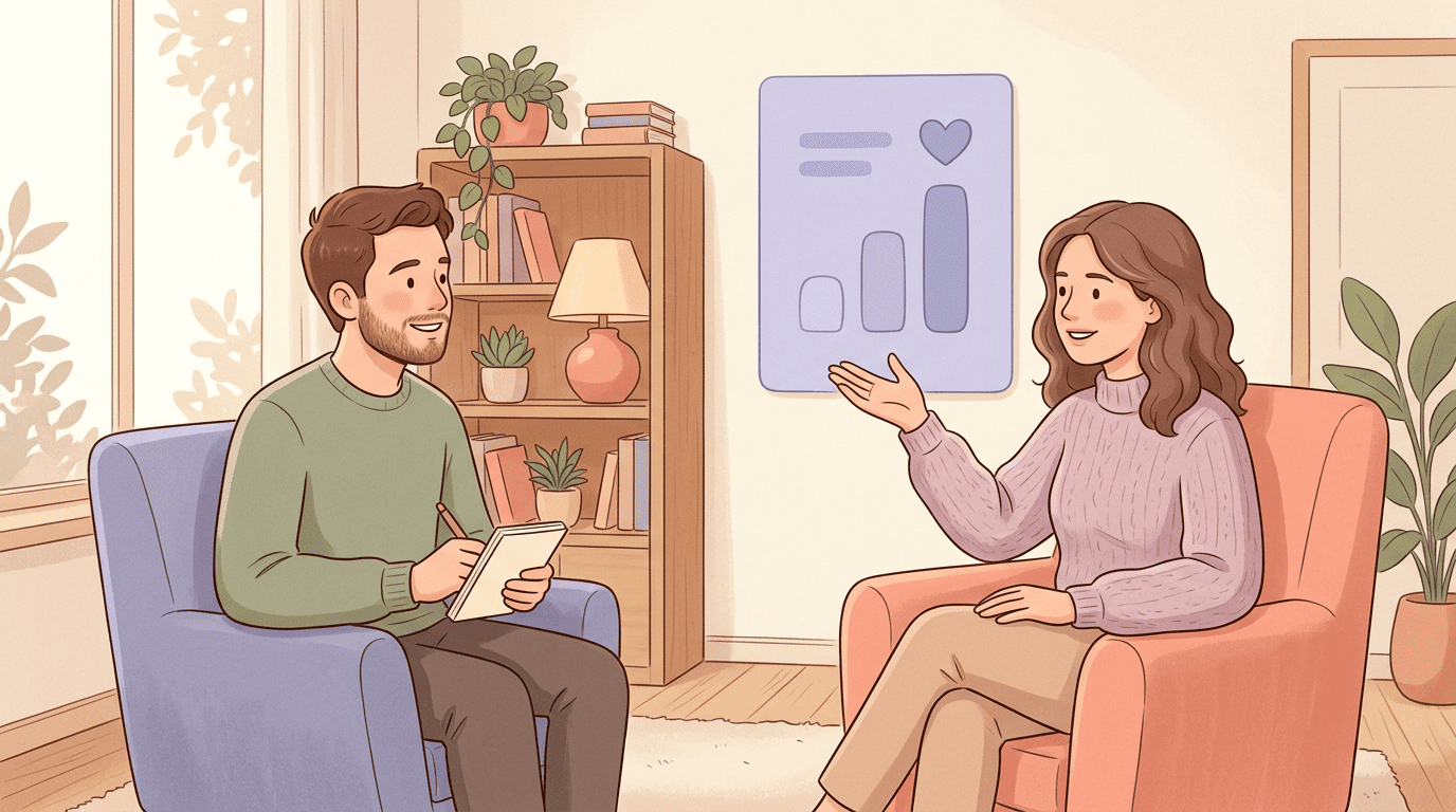 A person in a calm session with a psychologist reviewing an outcome chart
