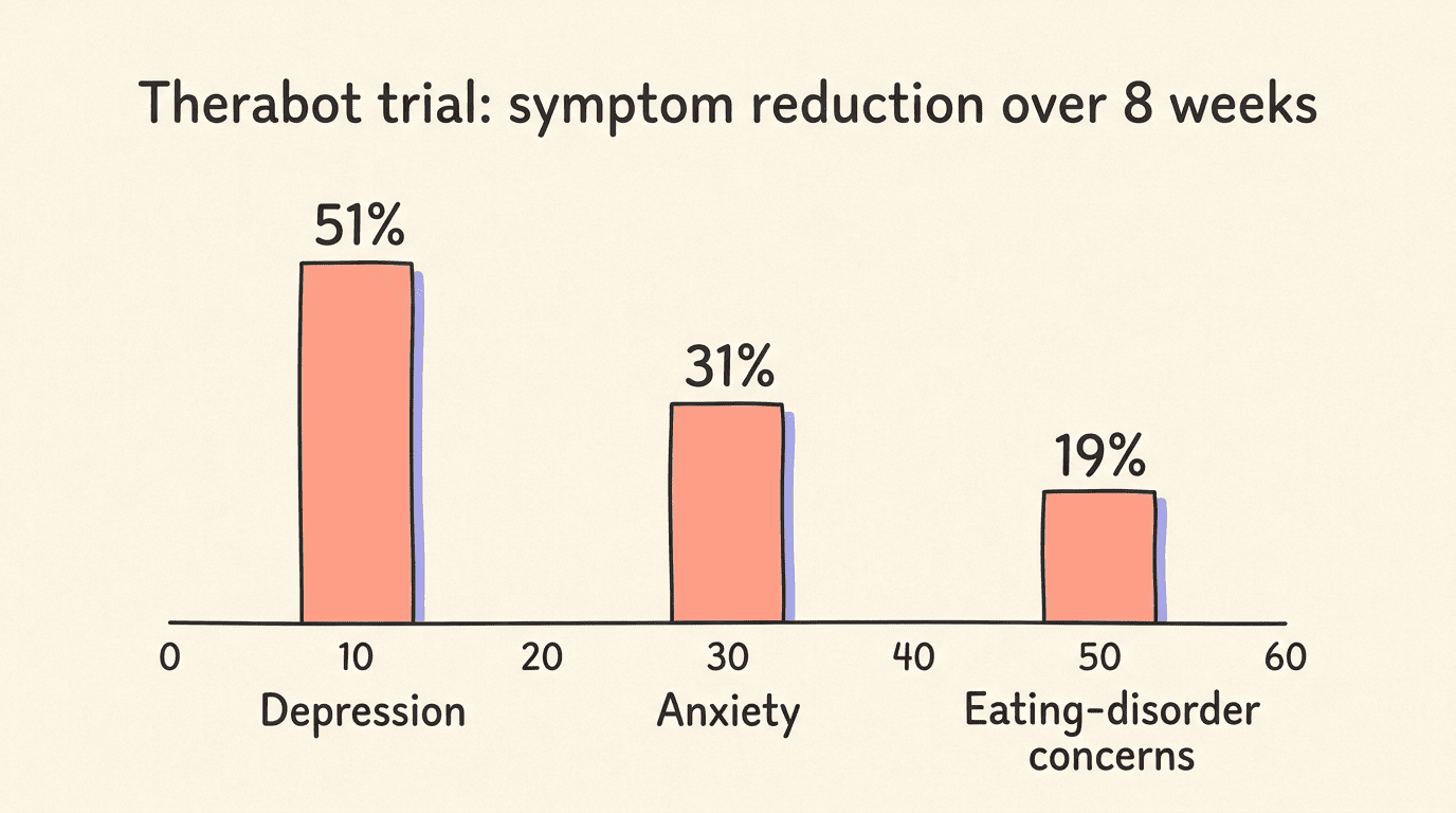Bar chart of Therabot trial symptom reductions over 8 weeks: depression 51%, anxiety 31%, eating-disorder concerns 19%