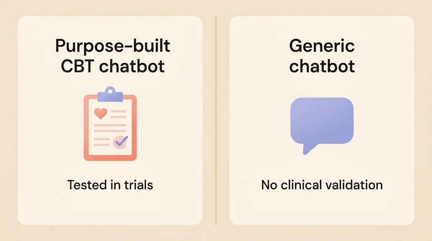 Sammenligning: målrettet CBT-chatbot testet i forsøg versus generisk chatbot uden klinisk validering